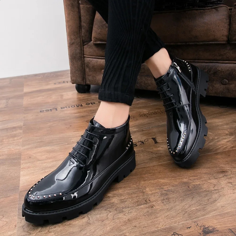 Male Patent Leather Moccasins Shoes High Top Italian Formal Dress Brogue Oxford Wedding Business Shoes Boots Shoes for Men 241231