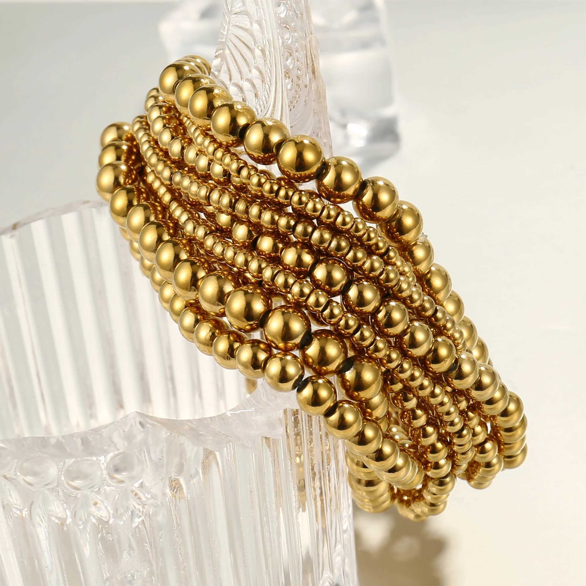 Joya Stainless Steel Bead Bracelet Womens Gold Bead Stretchable Elastic Waterproof Bracelet Jewelry Gift W241231