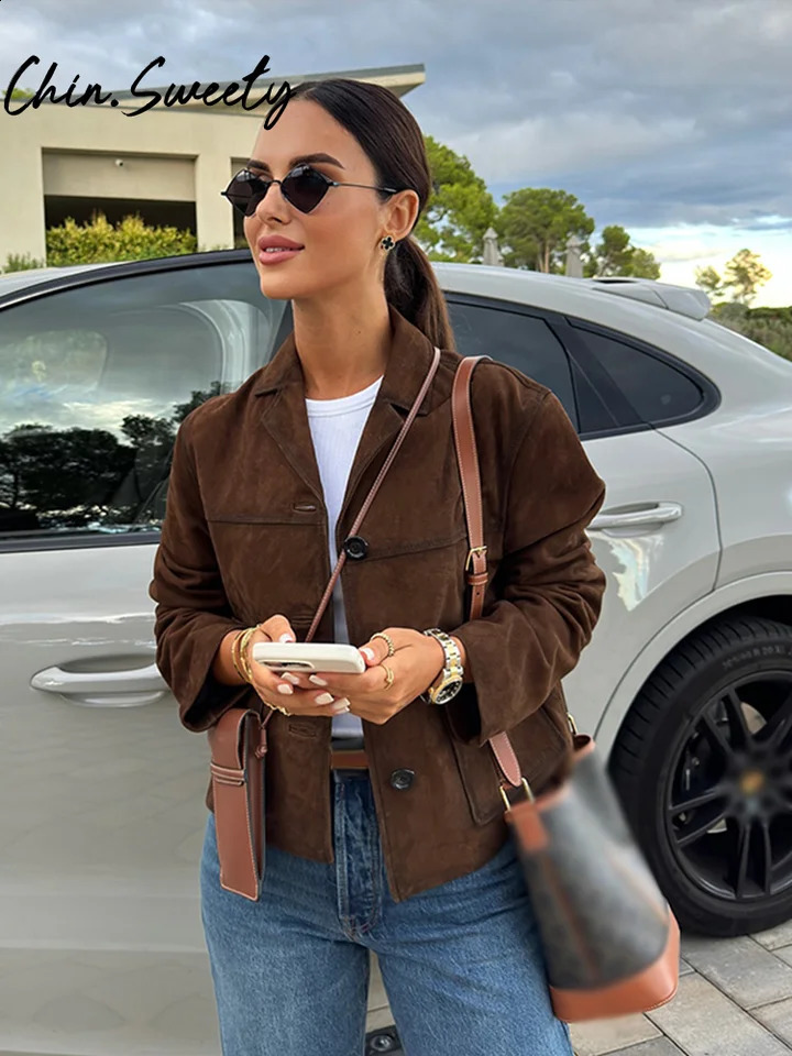 Brown Suede Short Women Jacket Casual Long Sleeve Single Button Turndown Collar Female Coat 2024 Autumn Retro Lady Streetwear 241230