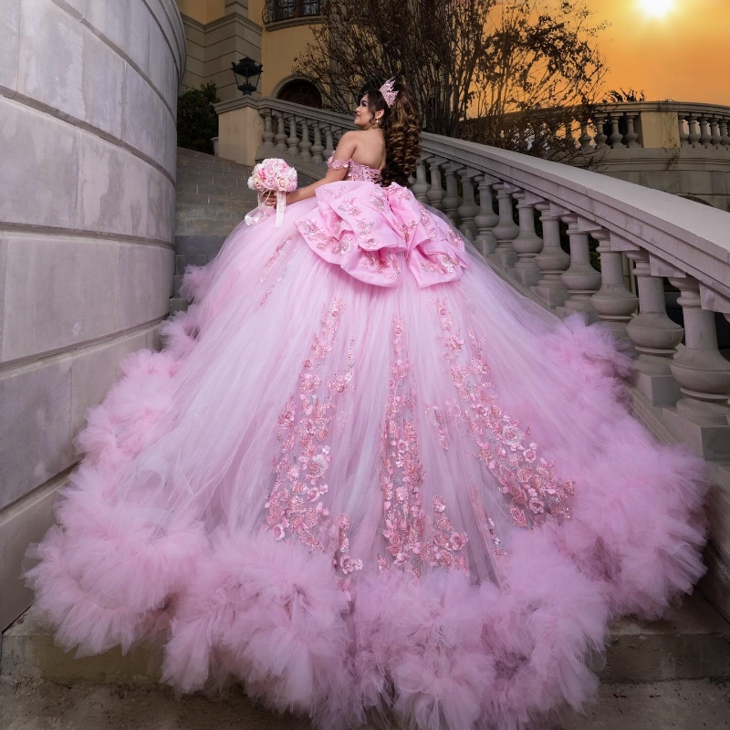 Pink Quinceanera Dresses Ball Gown Off The Shoulder Applique Lace Beads Bow Tull Tiered Party Birthday Sweet 16 Vestido De 15 Anos