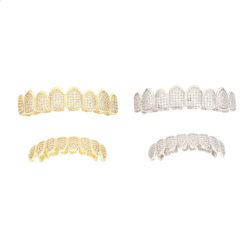 HipHop CZ 8 Teeth Set For Unisex Top Bottom Mouth Gold Silver Color Teeth Tooth Cap Removable Dental Fashion Jewelry 241226