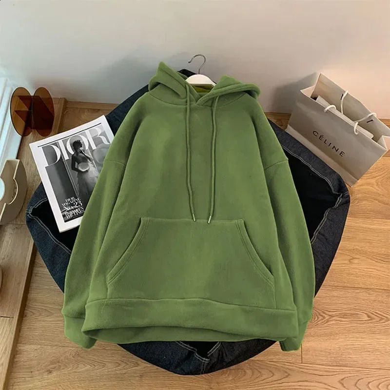 Autumn Korean Solid Hoodies Women Fashion Loose Pocket All Match Warm Pullover Tops Y2K Oversized Streetwear Casual Sweatshirts 241224