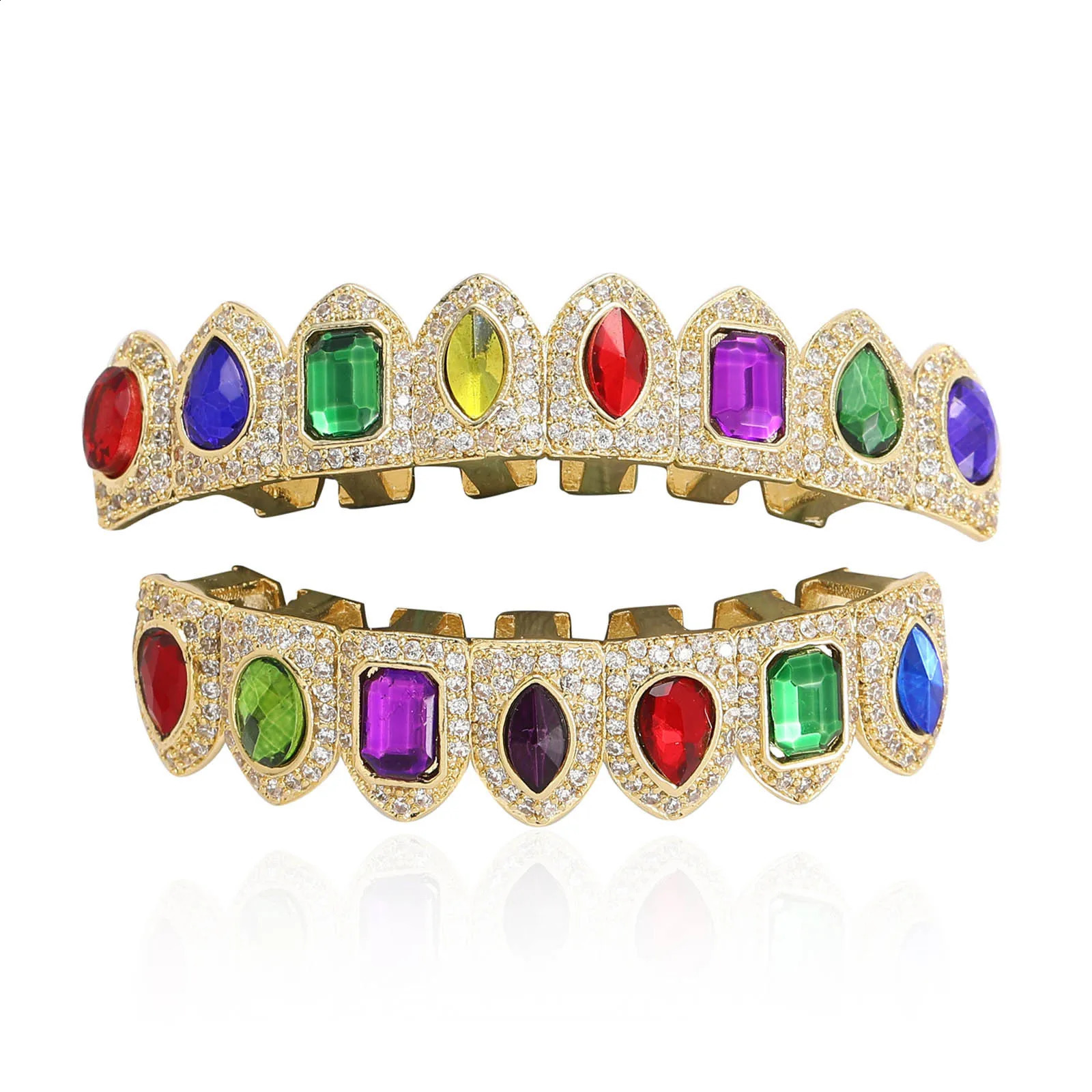 Full CZ Multi-color Stones Teeth Caps Cubic Zircon Iced Out Micro Pave Top Bottom Charm Grills Set For Men Women Jewelry 241226