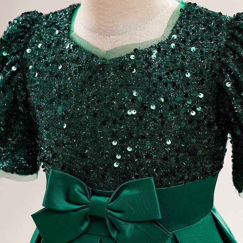Sparkling Elegant Childrens Par Dress Girls Green Christmas Wedding Dress Bow Girls Evening Dress 4-14Y W241231