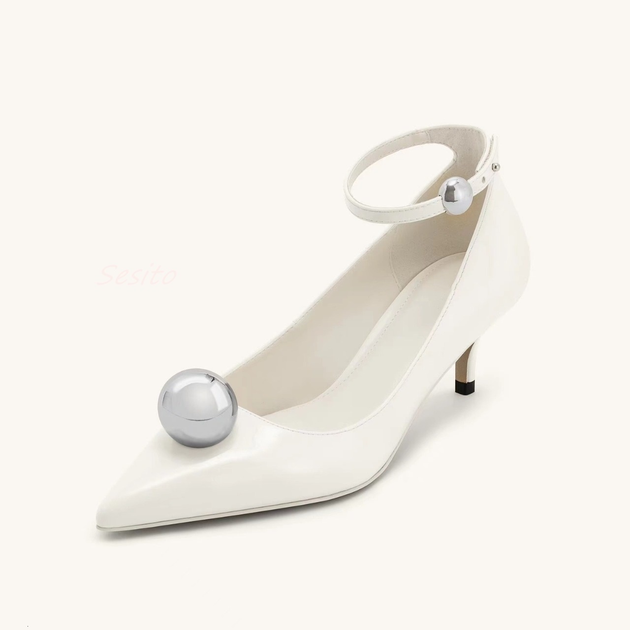 Pointy Toe Kitten Heels Pumps Round Ball Decor Ankle Buckle Fashion Women Classic Dress Sandals Office Lady Daily Casual Shoes