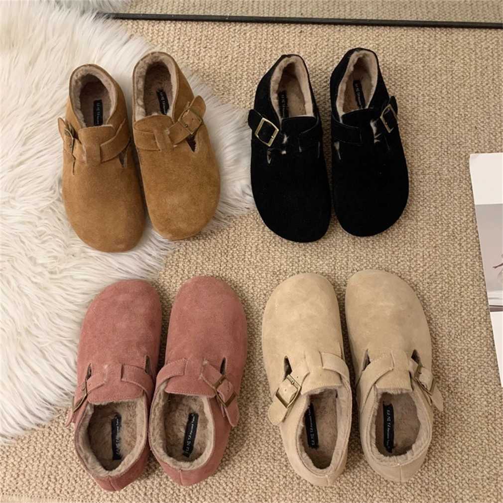 2025 slides slippers clogs Mao Shoes with Velvet Boken Single Shoes for Women Autumn/Winter Bean Shoes One Step Shoes Le Fu Shoes Leather Warm Cotton 