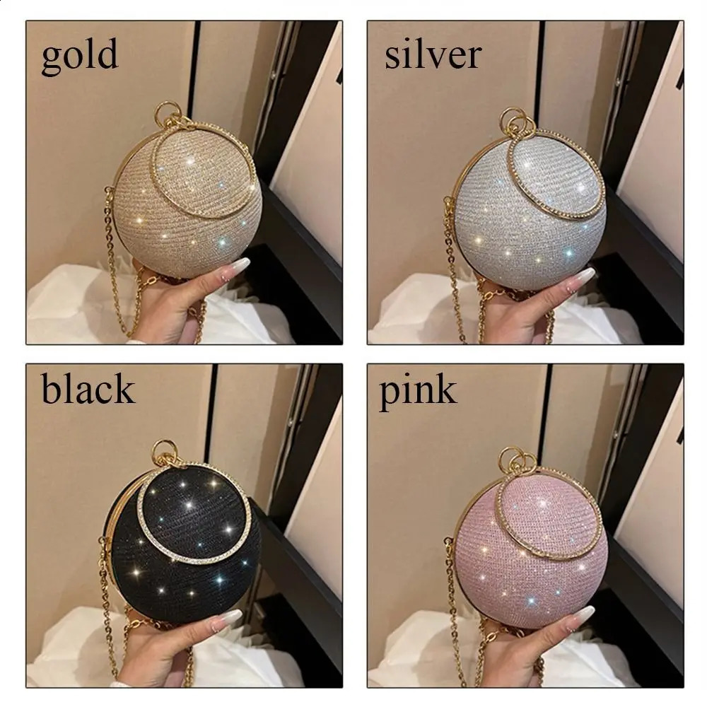 Gold Bright Silk Circular Evening Bag Women Banquet Clutch Rhinestone Decor Chain Shoulder Bags Female Party Handbags 241231