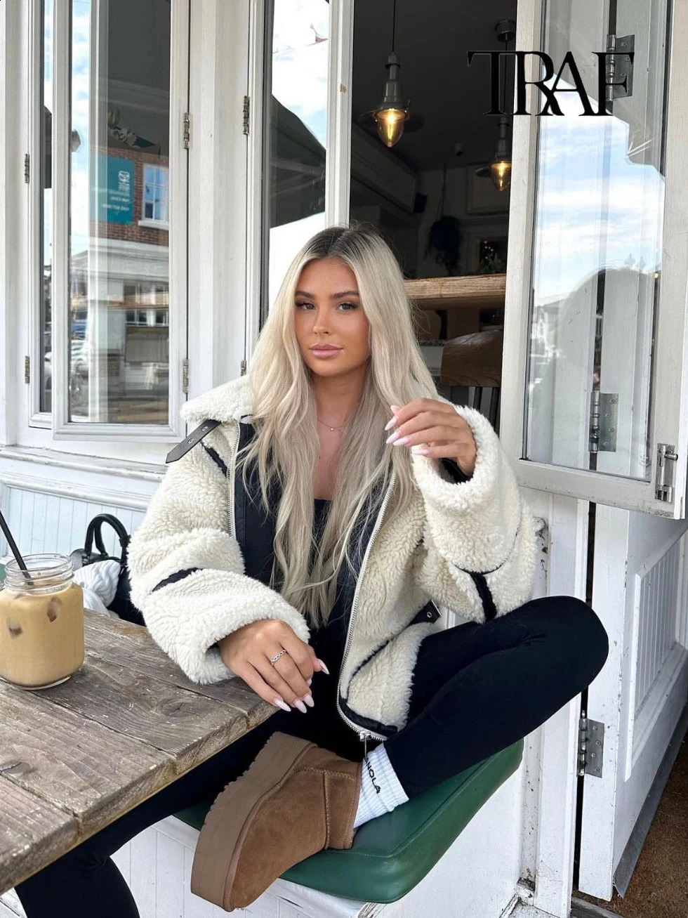 TRAF Womens Fashion Autumn and Winter High Street Lamb Wool Coat Casual Plush Warm Flip Lapel Zipper Clash Color 241230