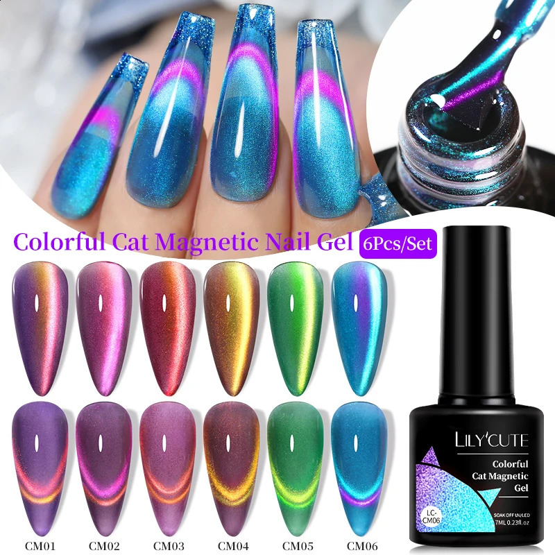 LILYCUTE 6Pcs/Set 7ml 9D Double Light Rainbow Cat Magnetic Gel Nail Polish Sparkling Fireworks Colorful Soak Off Nail Art Gel Va 241230