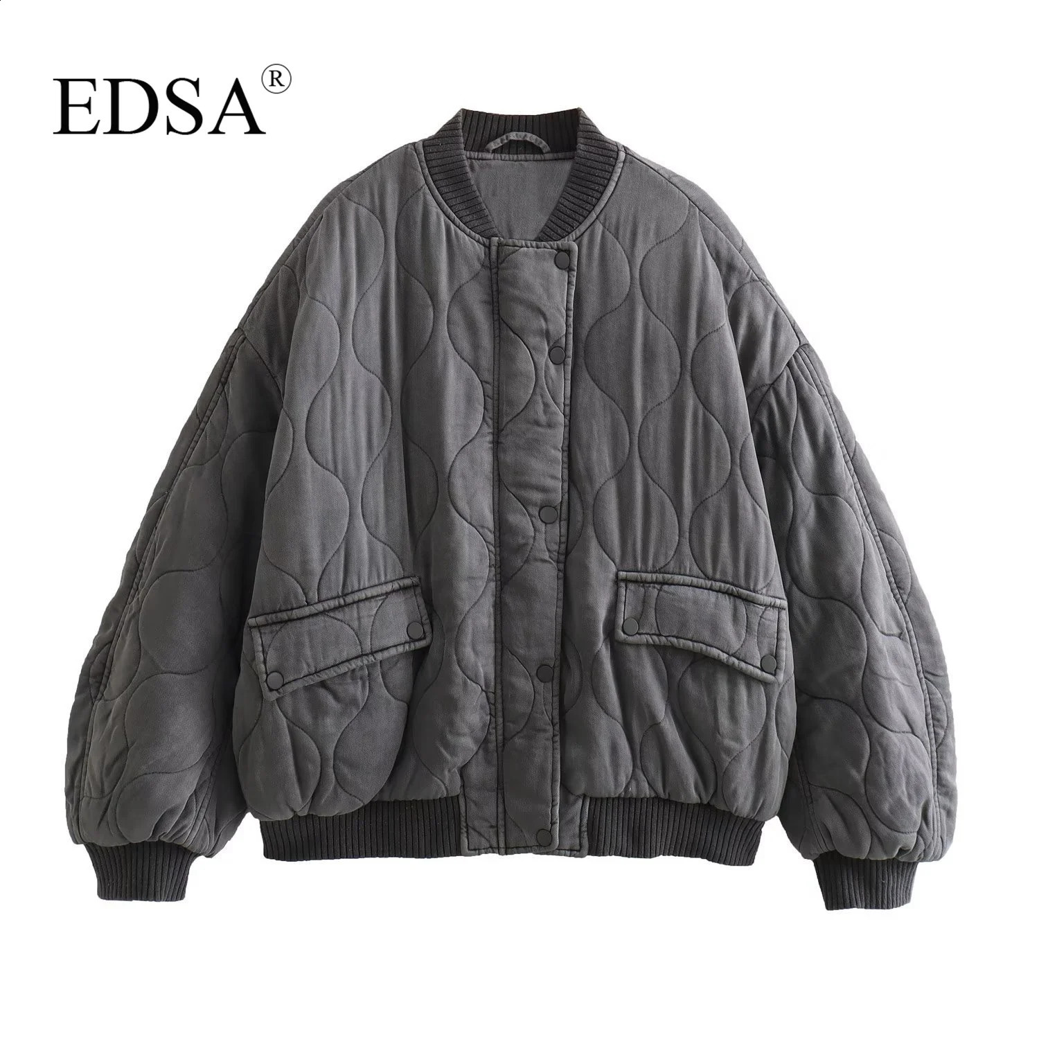 EDSA Women Oversized Quilted Bomber Jackets Thick Warm Coat Long Sleeve Snap-Button Female Outerwear Chic Tops 241230