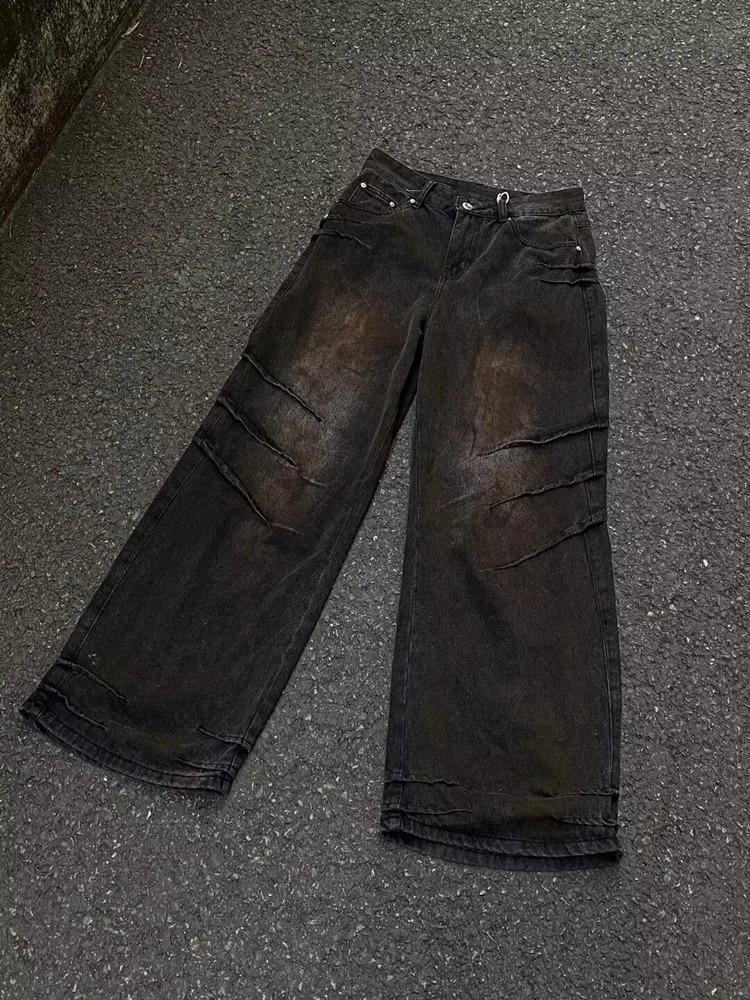Cyber Y2K Streetwear Old Black Distressed Pleated Baggy Jeans Pants For Men Clothes Straight Loose Gothic Long Trousers 241230