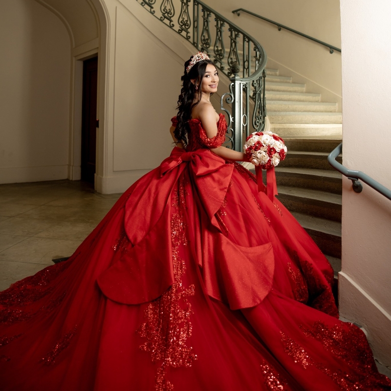 Red Quinceanera Dresses Ball Gown Off The Shoulder Sequin Applique Lace Beading Bow Tull Party Birthday Sweet 16 Vestido De 15 Anos