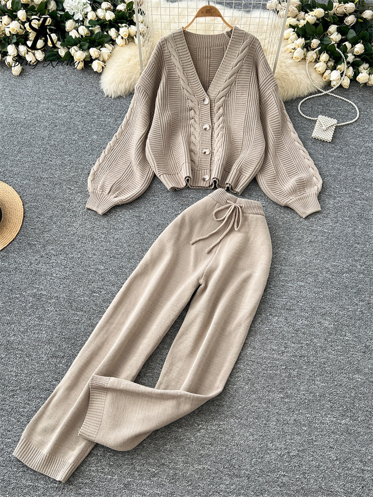 Winter Knit Warm Two Pieces Suits Women Loose Twist Drill Cardigan+Drawstring Wide Legs Long Pants Sweater Sets