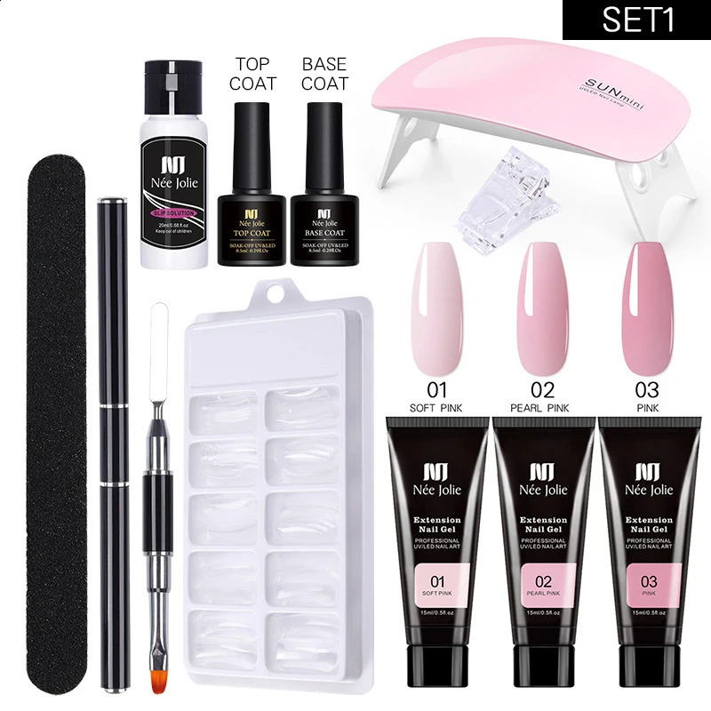 Poly Nail Gel Kit with 6W LED Lamp All-In-One Set for Manicure Semi-Permanent Extension Gel and Acrylic French Nails with Tool 241230