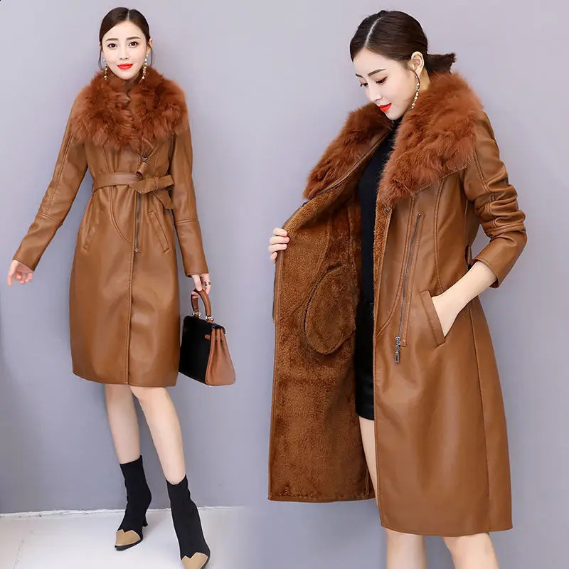 2023 Fashion Fur Collar Winter PU Leather Coat Women Solid Adjustable Waist MidLength Slim Jacket Lady Casual Warm Outwear 241223