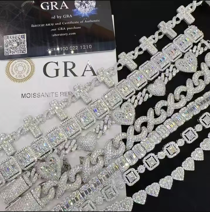 Wholesale price lab dia sier vvs moissanite iced out hip hop jewelry necklace k chain tennis cuban bracelet m