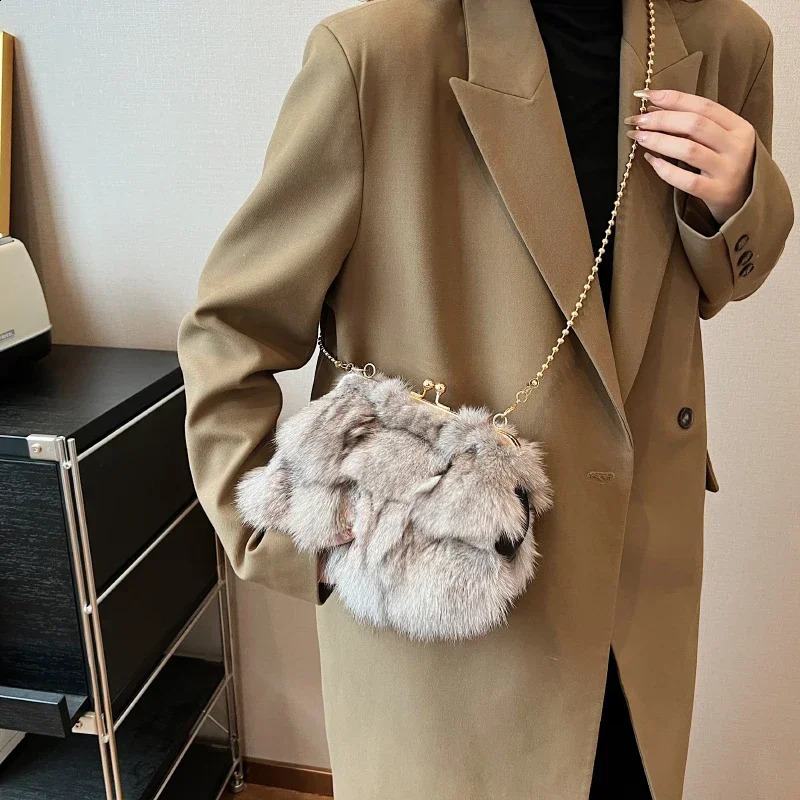 Winter Soft Plush Evening Bags For Elegant Women Fox Fur Dinner Party Clutch Chain Crossbody Warm Fluffy Handbag 241231