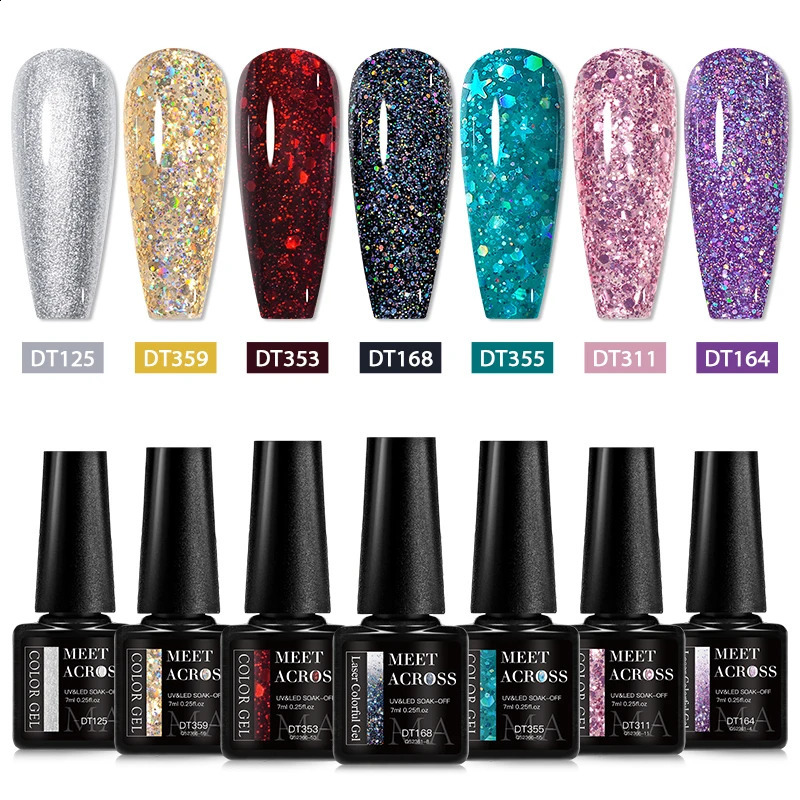 MEET ACROSS 7pcs Glitter Gel Nail Polish Set Nude Pink Reflective Soak Off UV Gel Kit Varnish Nail Supplies Manicure DIY 241230