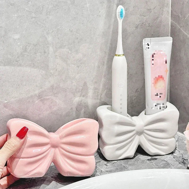 1pc Ceramic Bow Toothbrush Holder Ornament Ceramic Toothbrush Toothpaste Storage Rack Bathroom Accessories Brush Holder 241230