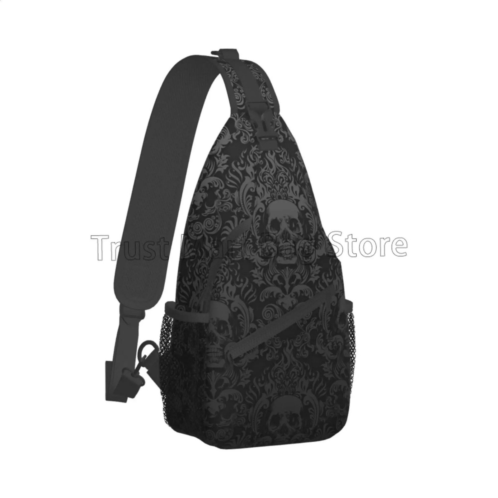 Vintage Black Gothic Skull Damask Sling Bag Crossbody Shoulder Bag Casual Sling Backpack Chest Bag Travel Sports Hiking Daypack 241230
