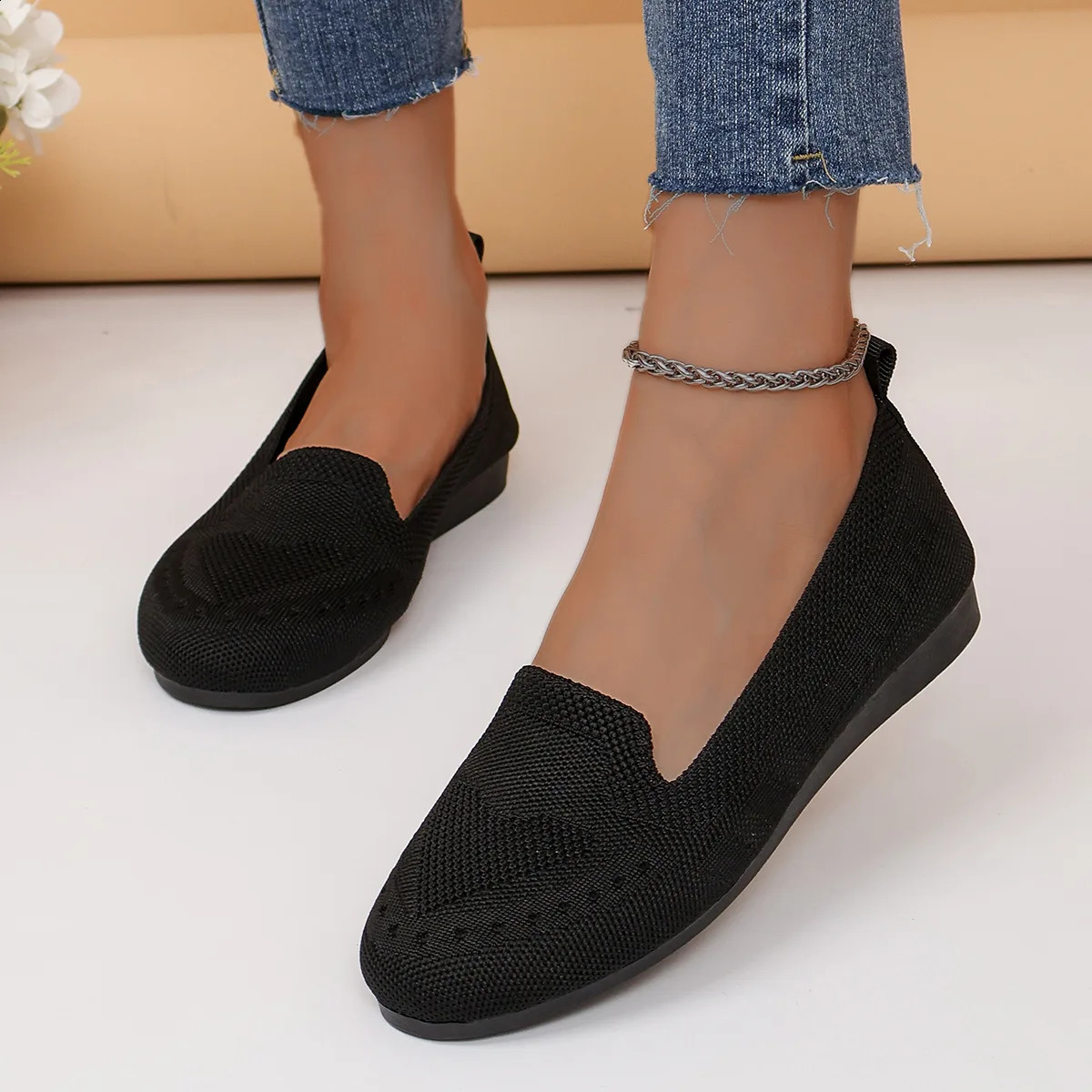 Plus Size 43 Womens Casual Round Toe Flat Shoes Solid Color Knitted Slip on Office Work Boat Shoe Loafers Zapatos Mujer 241225
