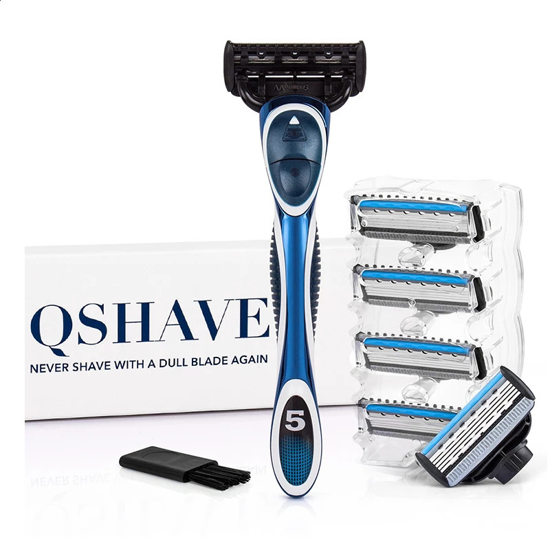 QShave Blue Series 5 Layer USA Blade Manual Razor Mens Shaving Razor with 6 Pieces X5 Blade and each Piece has trimmer Blade 241230