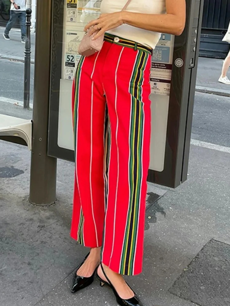 Contrast Color Striped Womens Pants Vintage Casual Straight Pants Women High Waisted Trousers Fashion Printed Pocket Women Pant 241223
