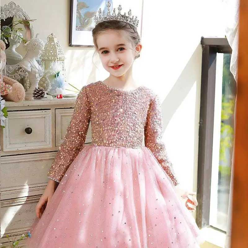 Childrens Birthday Evening Dress Pink Girl Piano Girl Little Girl T-Stage Flower Childrens Wedding Dress Princess Dress Autumn and W241231