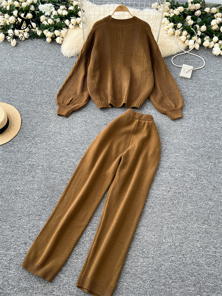 Winter Knit Warm Two Pieces Suits Women Loose Twist Drill Cardigan+Drawstring Wide Legs Long Pants Sweater Sets