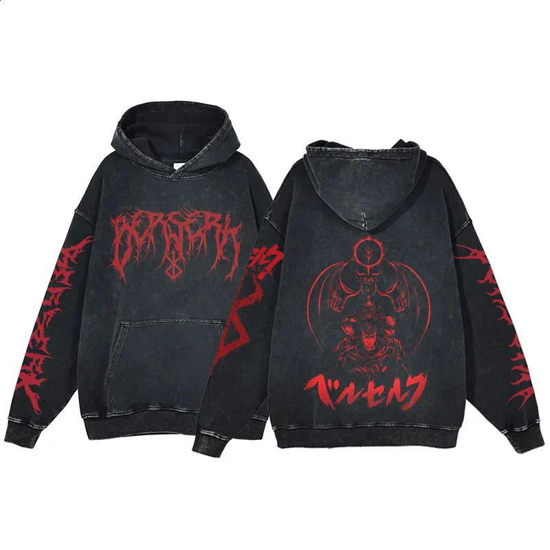 Berserk Anime Acid Washed Hoodie Mens Clothing Vintage Cotton Hoodies Women Hip Hop Hooded Sweatshirts Y2K Clothes Oversized 241230