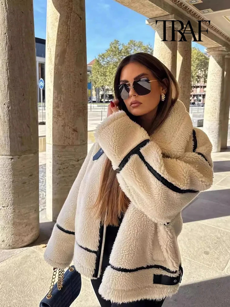 TRAF Womens Fashion Autumn and Winter High Street Lamb Wool Coat Casual Plush Warm Flip Lapel Zipper Clash Color 241230
