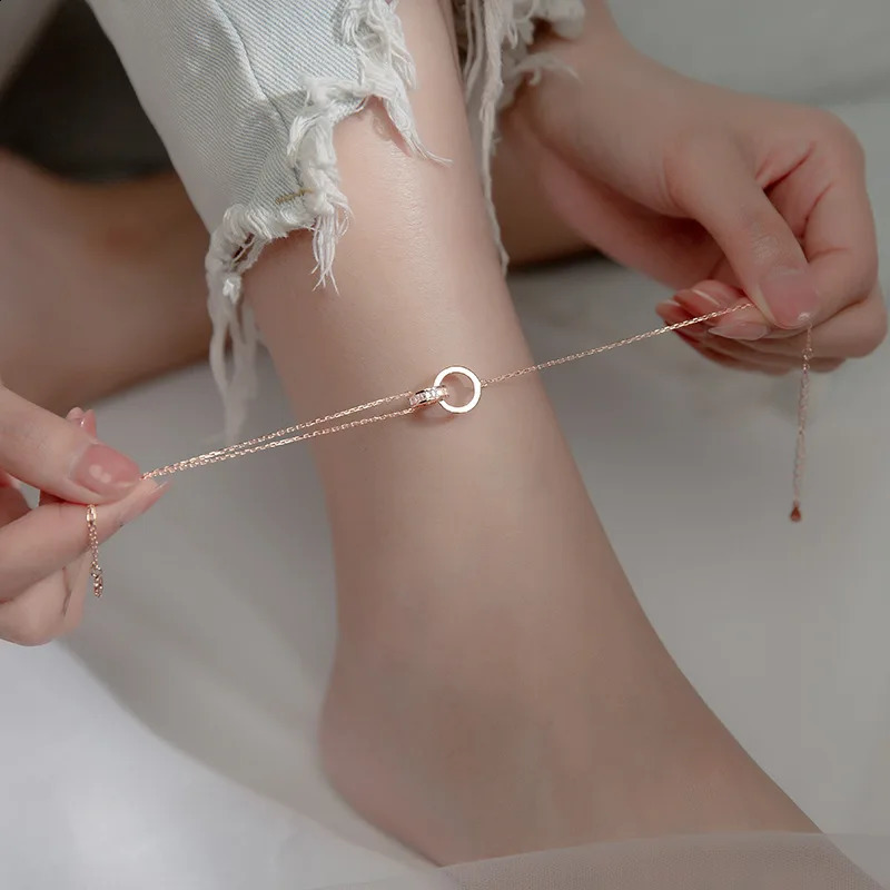 Enosola Anklet for Women Girl S925 Sterling Silver Rose Gold Color Loops Linked Adjustable Beach Style Foot Ankle Bracelet Jewel 241226