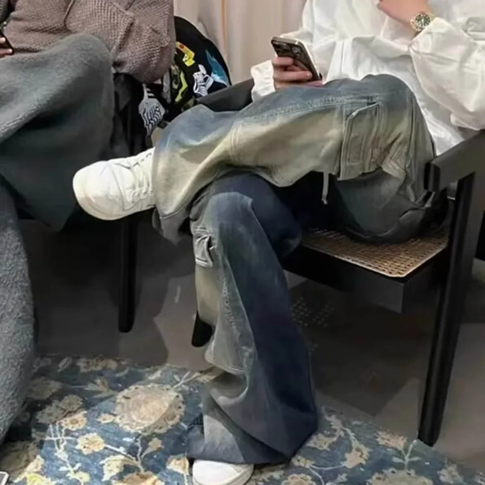 Men Pants Gradient Jeans Multi-pockets Drawstring Oversized Polyester Ribbons Streetwear Y2K Baggy Comfortable 241230