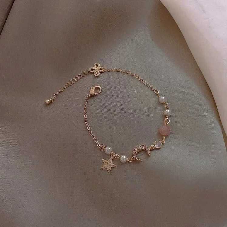 Korean Fashion Cute Star Moon Bracelet Womens Colorful Natural Stone Zircon Adjustable Pearl Chain Bracelet Wedding Jewelry W241231