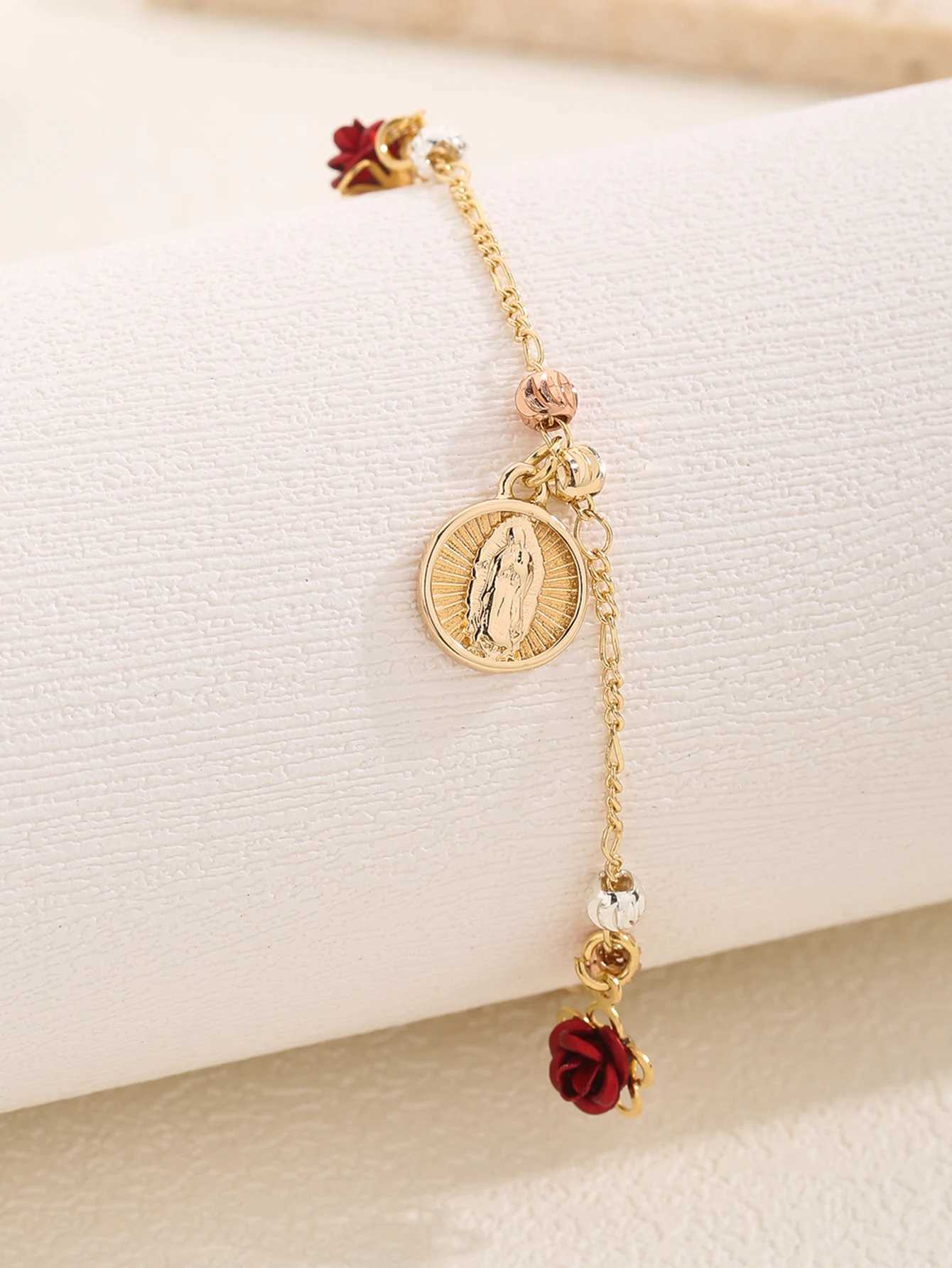 FanSibao Rose Madonna Pendant Watermelon Pattern Prayer Bead Bracelet Exquisite Jewelry Christmas Gift W241231