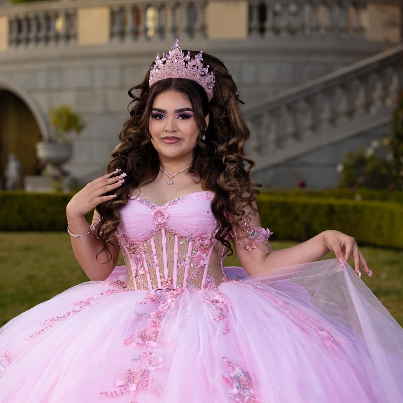Pink Quinceanera Dresses Ball Gown Off The Shoulder Applique Lace Beads Bow Tull Tiered Party Birthday Sweet 16 Vestido De 15 Anos