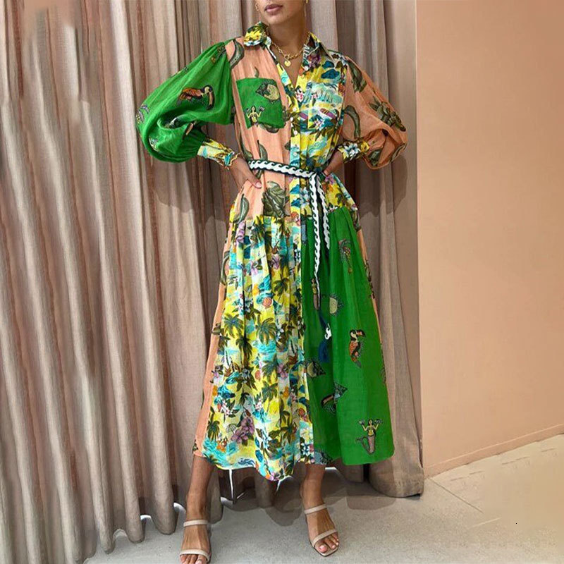 Plus Size S-3XL Elegant Dresses For Woman Fashion Printed Party Designer Dress Women Full Sleeve Lapel Neck High Waist Big Swing Dress