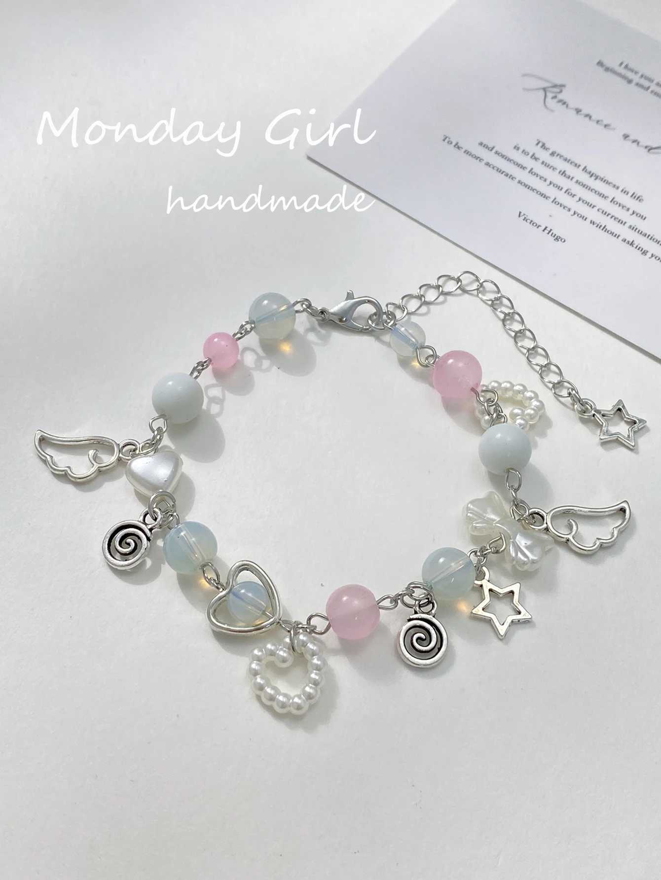 1 piece of fashionable heart-shaped star sweet Y2K imitation pearl colored handmade bead bracelet for womens dance party gift charm jewelry W241231