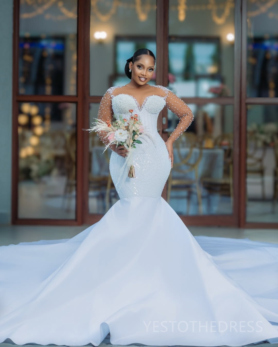 2025 Two Ways Wedding Dresses Bridal Gowns For Bride Mermaid Marriage Dress Sheer Neck Long Sleeves Beaded Lace Detachable Train For Black Women D463