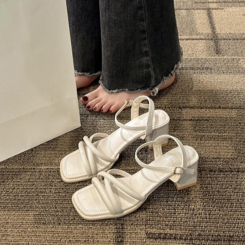 Sandals 2024 Summer Buckle Strap Clear Heels Retro Woman Shoes High Female Open Toe Original High-heeled Girls Peep Block Pu