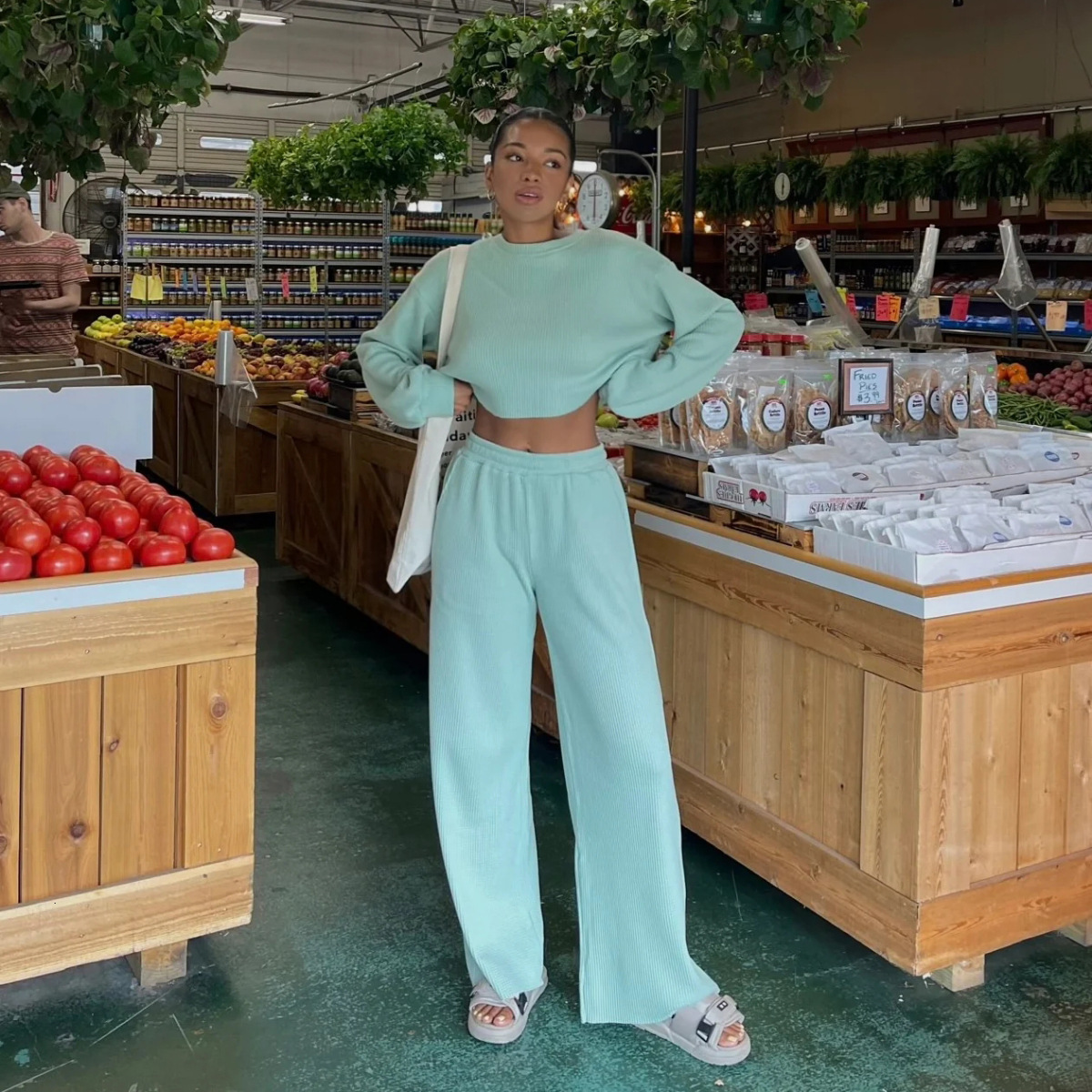 Autumn Winter Women's Tracksuit Female Solid Color O-Neck Cropped Pulloverd Lady's Wide Leg Pants Women New In Matching Sets