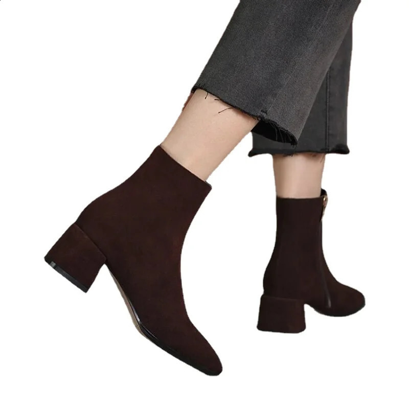 Genuine Leather Boots Retro High Heels Ankle Boots Women Shoes Back Zipper Sheep Suede Handmade Shoes Boots Women 241231