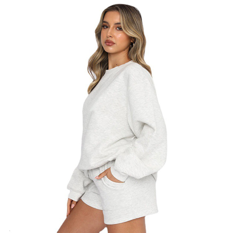 New Solid Color Women's Crewneck Sweatshirt Two-Piece Set With Casual Sports Shorts - Perfect For A Workout
