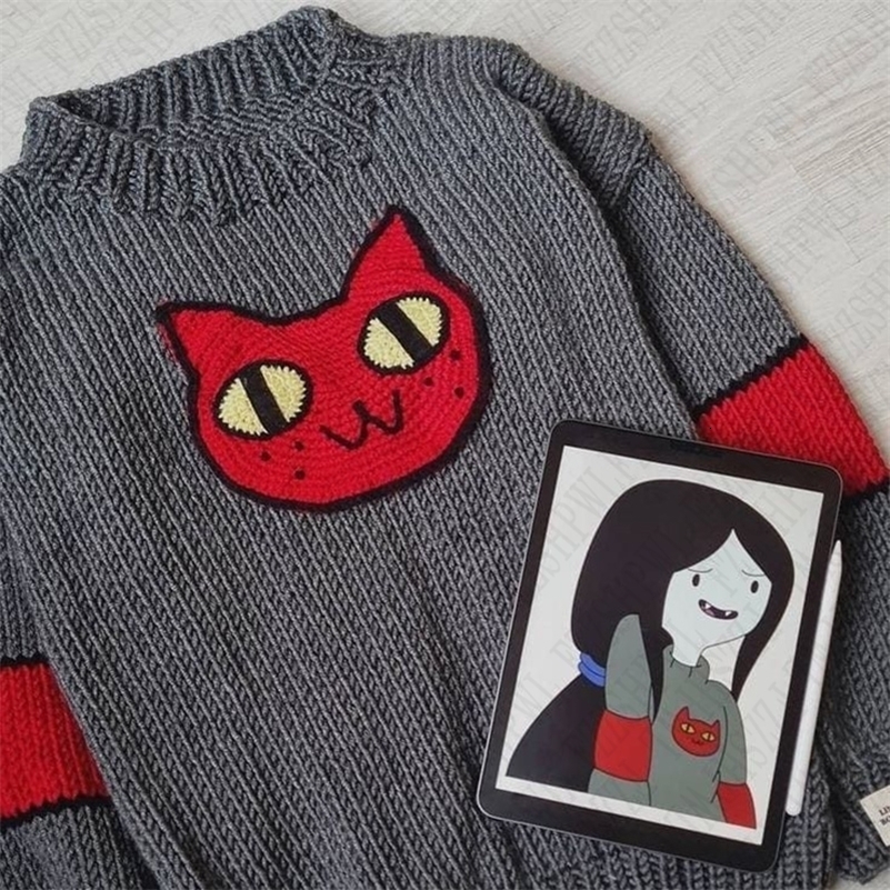 Grunge Vintage Streetwear Autumn Deeptown Black Gothic Cat Women Sweater Y2k Harajuku Japanese Fashion Oversized Knit Pullovers 241228