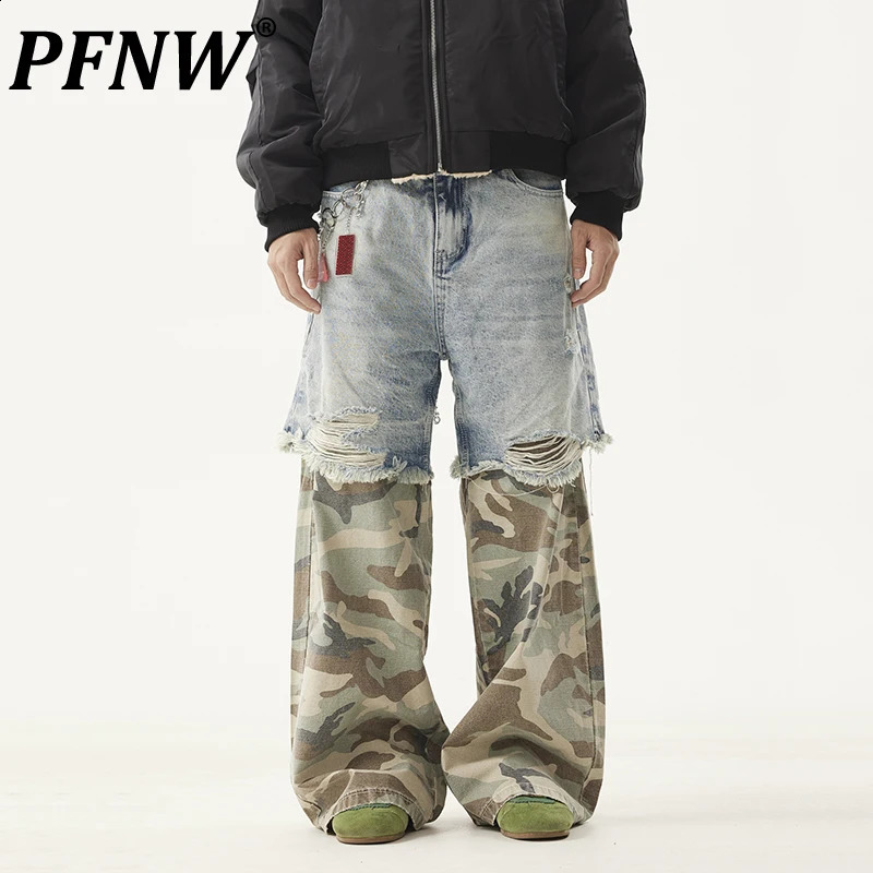 PFNW Niche Mens Jeans Washed Distressed Colorblock Splic Two Piece Loose Straight Trousers Wide Leg Pants 28W5474 241224