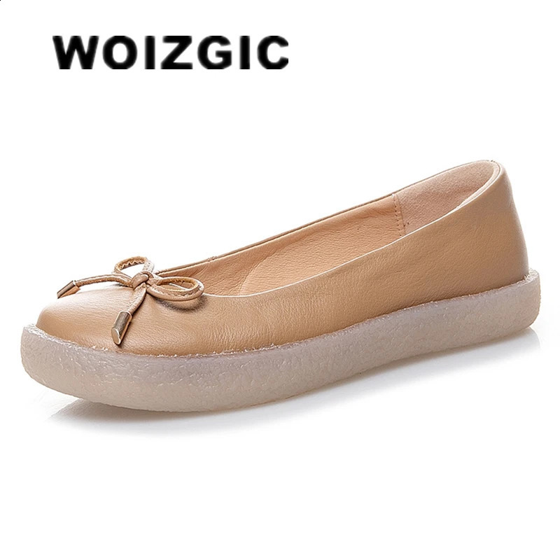 WOIZGIC Womens Ladies Female Mother White Genuine Leather Shoes Flats Non Slip On Casual Bow Plus Size 43 42 JZ19111 241225