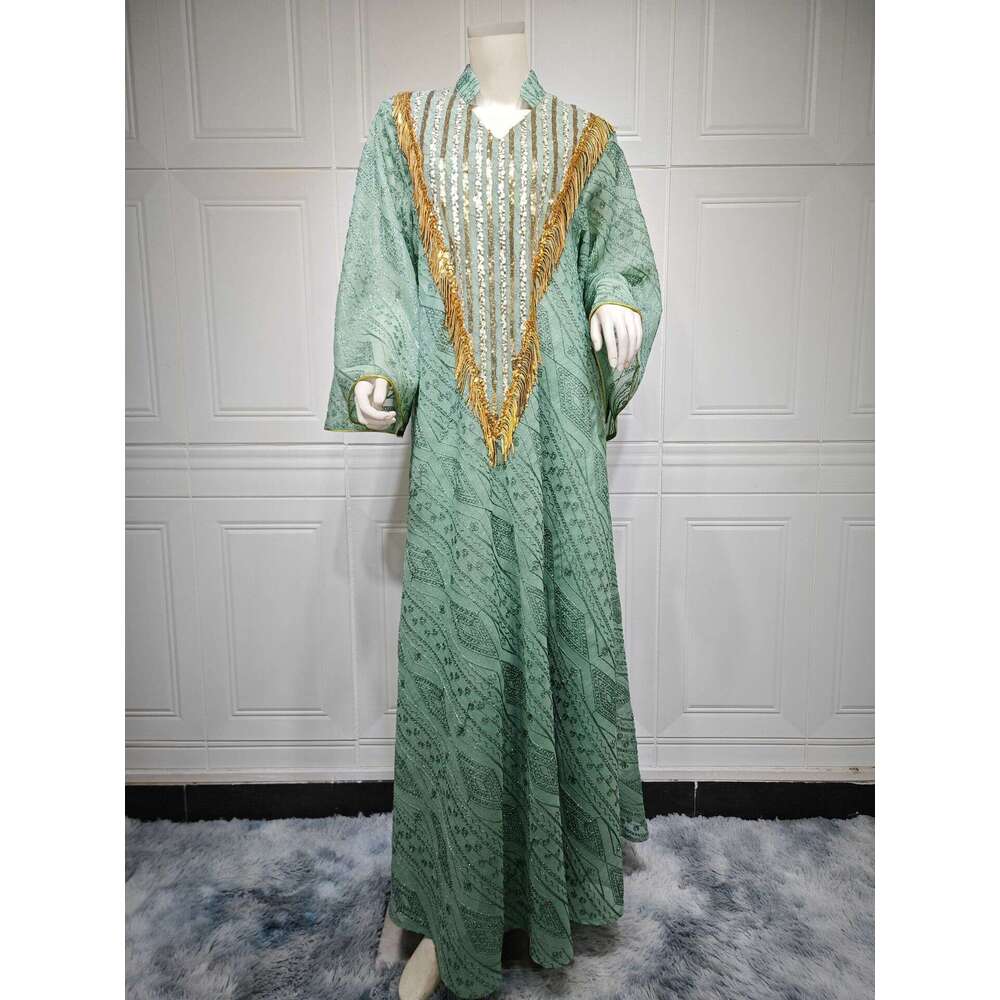 Muslim Evening Arab Dubai Dress Mesh Embroidered Sequined Robe Women's Wear