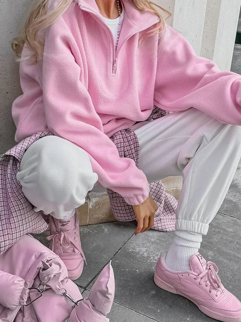 DGLUKE Zipped Pink Sweatshirt Woman Fashion Pullover Oversized Hoodie Y2K Street Style Women Fleece Winter Coats Jackets 241224