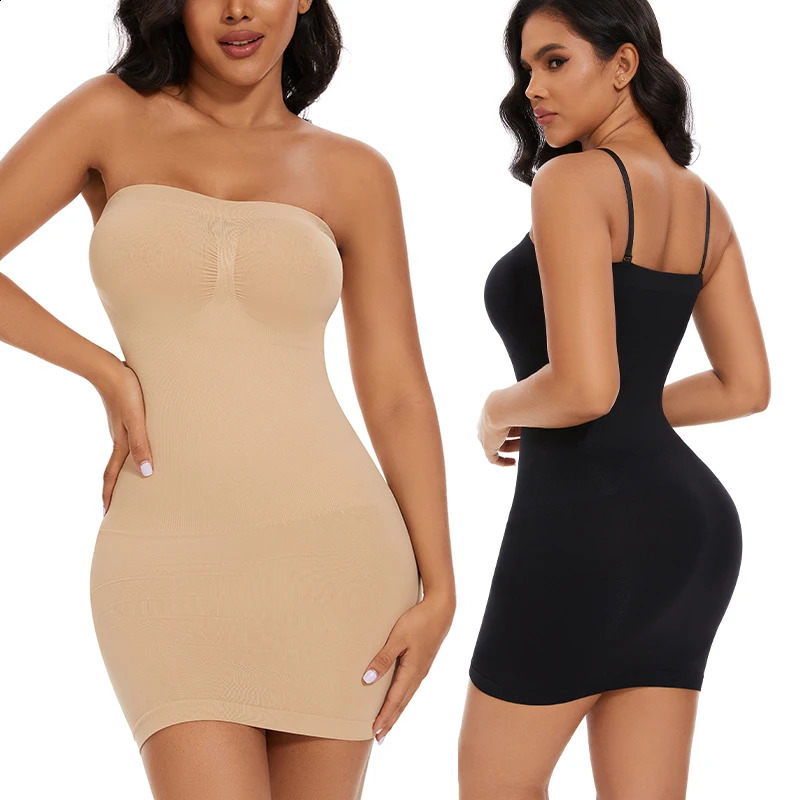 Sexy Full Slip Shapewear Women Dress Off Shoulder Bodycon Strapless Underdress Smooth Compression Body Shaper Slimming Waist 241231