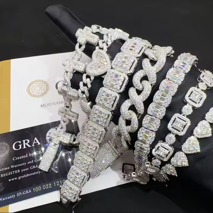 Wholesale price lab dia sier vvs moissanite iced out hip hop jewelry necklace k chain tennis cuban bracelet m